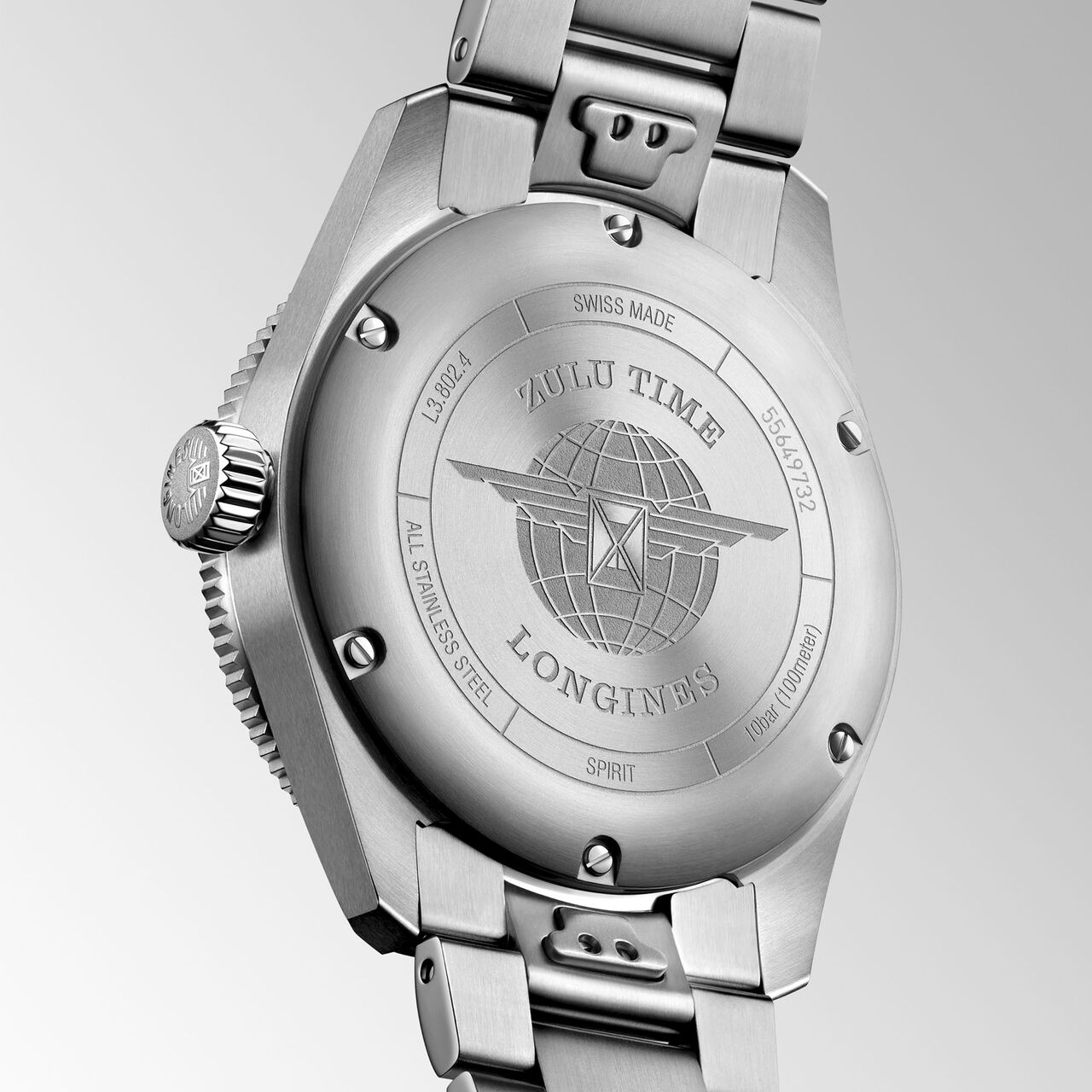 Rear view showing engraved caseback and stainless steel strap image number 3